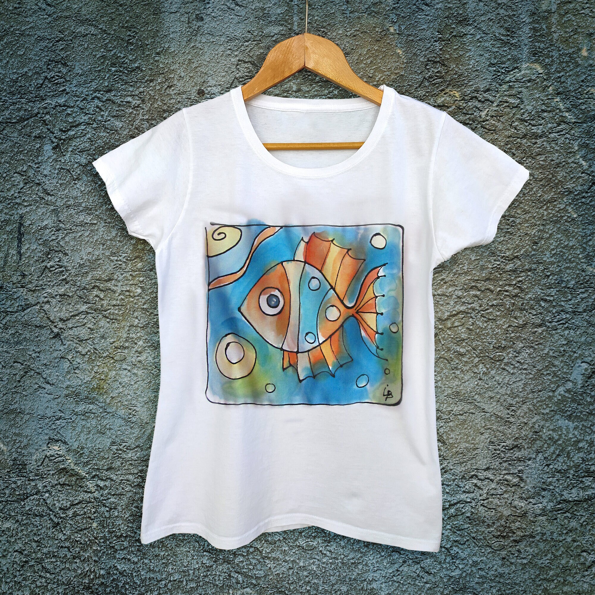 Hand Painted Fish T Shirt Sea Design T Shirt in Blue Orange - Etsy