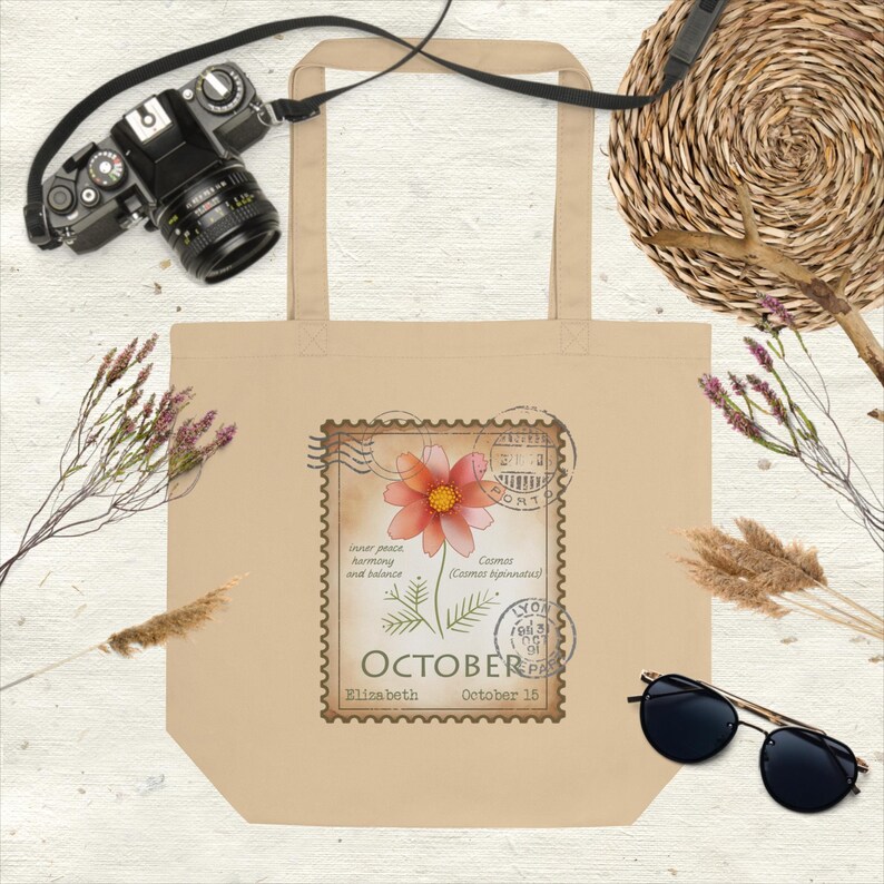 Birth Month Flower Tote Bag. Personalized Name, Date Organic Cotton Bag. October Birth Month Bag ...