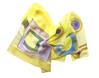 Hand painted lemon yellow scarf. Geometric design long silk scarf with circles and squares. Abstract scarf. Neck scarf women Christmas gift.