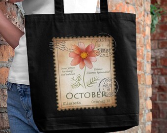 Birth month flower tote bag. Personalized name, date organic cotton bag. October birth month bag Cosmos flower. Custom bag birthday gift.