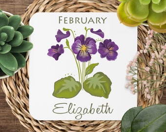 Personalized birth flower coaster. Custom birth month coaster. Violet flower coaster. February birthday gift Mothers day gift floral coaster