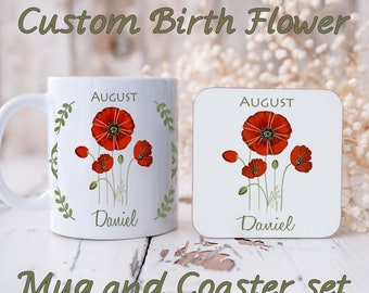 Birth flower mug and coaster set. Custom name mug set. Personalized mug, coaster bith month. Floral coffee mug and coaster mothers day gift.