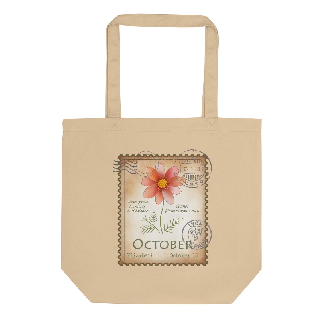 Birth Month Flower Tote Bag. Personalized Name, Date Organic Cotton Bag. October Birth Month Bag ...