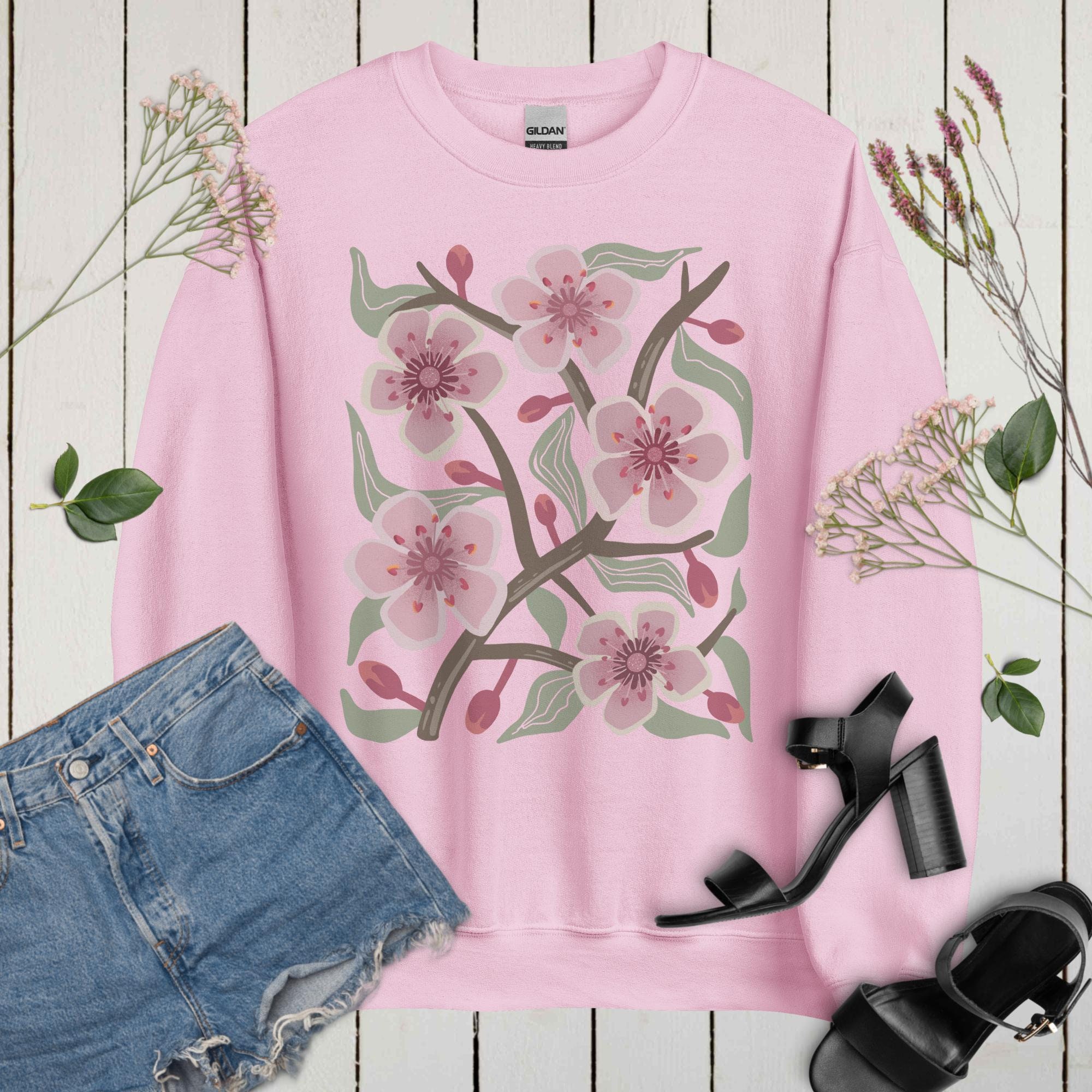 Cherry Blossom Sweatshirt. Green, Pink Flowers Shirt. Sakura