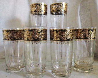 1950s 22 K Gold & Ebony Culver Elegant High Ball Glass Tumblers