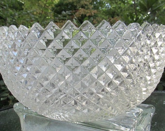 Miss America Clear Glass Bowl Diamond Point Motif With Saw Tooth Rim. 1930 Anchor Hocking Glass Large Fruit Bowl