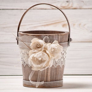 Rustic Flower Girl Basket, Wedding Flower Basket, Gold Flower Girl Basket, Wood Flower Basket, Flower Girl Bucket, Ivory and Burlap Wedding image 1