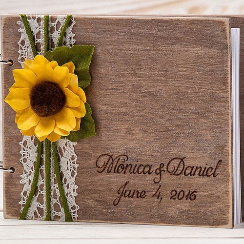 Wooden Guest Book Sunflower Wedding Guestbook Vow Books Burlap Etsy