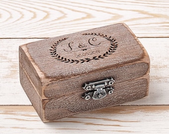 Ring Box, Rustic Wedding Ring Bearer Pillow, Engagement Proposal Ring Holder, Wood Ring Holder Engraved with Couple Initials Wedding Date