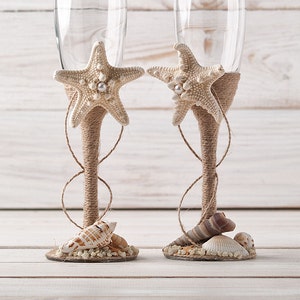 Champagne Glasses, Nautical Wedding Toasting Flutes, Beach Wedding Flutes, Bride and Groom Glasses with Starfish and Seashells image 1