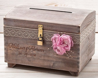 Large card box for wedding with a lock key slot, personalized box card holder, rustic wooden keepsake chest, wedding card advice memory box