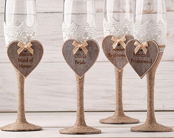 Bridal party champagne glasses, bridesmaids proposal gift glasses, personalized wedding party champagne flutes, bachelorette party favors