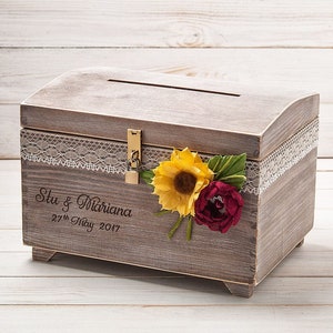 Sunflower Rose Hochzeit Karte Box mit Schloss Schlüssel Andenken Brust Holz-Kartenhalter Sonnenblume Hochzeit Beratung Wünsche Box Hochzeit Empfang Box