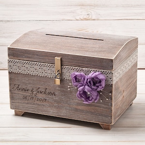 Caixa de dinheiro de casamento com chave de bloqueio, lembrança, porta-cartões de madeira personalizado, lavanda, rústica, caixa de cartão de recepção de casamento personalizada