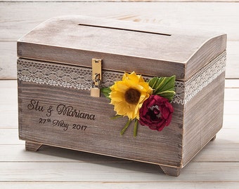 Sunflower Rose Wedding Card Box with Lock Key Keepsake Chest Wooden Card Holder Sunflower Wedding Advice Wishes Box Wedding Reception Box