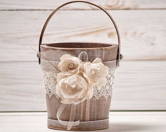 Rustic Flower Girl Basket, Wedding Flower Basket, Gold Flower Girl Basket, Wood Flower Basket, Flower Girl Bucket, Ivory and Burlap Wedding