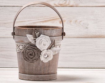 Rustic Flower Girl Basket, Ivory Wedding Flower Basket, Bridal Shower Basket, Wedding Bucket, Lace and Burlap Flower Girl Basket