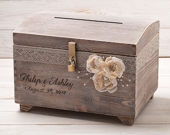 Personalized card box with lock and key, wedding card post box, large wooden card holder, rustic card chest with slot and banner