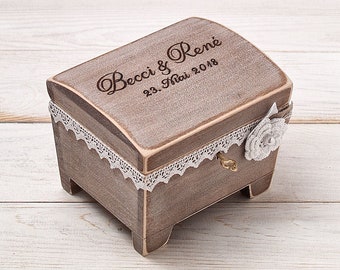 Personalized Ring Bearer Box with Burlap Ring Pillow, Rustic Wedding Ring Holder, Proposal Box, Anniversary Gift Box, Memory Box for Couples