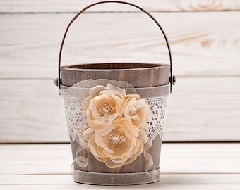 Flower girl basket, peach wedding bridal basket, champagne rustic wedding bucket with lace and roses, flower girl bag