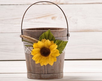 Flower Girl Basket, Sunflower Wedding Basket for Petals, Bridal Basket, Champagne Fall Wedding Decor, Flower Girl Autumn Wedding Bucket