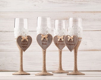 Bridal party wine glasses, wedding bridesmaids proposal gift glasses, personalized bridal party champagne flutes,  bachelorette party favors