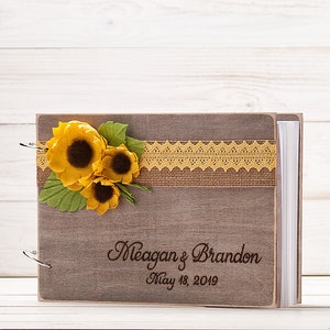Engraved Photo Album, Wooden Guest Book with Sunflower Decor, Personalized Rustic Wedding Guestbook, Wood Advice Book, Gift for Couple