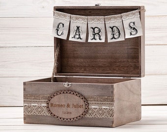 Personalized couples wedding card box, rustic card holder, wooden advice box with burlap cards banner, wedding card gift box