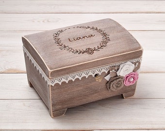 Girls Jewelry Box, Baby Memory Box with Key, Custom Keepsake Jewelry Box, New Baby Girl Monogrammed Treasure Chest, Baptism Gift for Girl