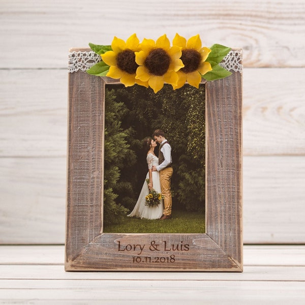Sunflower Wedding Frame, Wooden Personalized Family Photo Frame, Rustic Wood Wall Frame, Distressed Memory Table Frame, Guest Book Sign