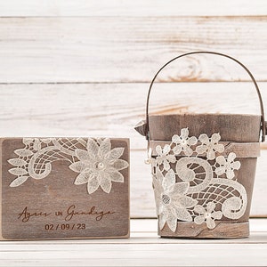 Boho flower girl basket ring bearer pillow box set, personalized rustic wedding gift, champagne wedding bucket with woven lace for petals