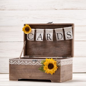 Sunflower Card Box, Fall Wedding Wishes Box, Money Gift Box, Rustic Memory Box, Wood Card Holder with Banner,  Fall Bridal Shower Decor