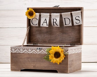 Boîte à cartes tournesol, boîte à vœux de mariage d'automne, boîte-cadeau argent, boîte à souvenirs rustique, porte-cartes en bois avec bannière, décoration de douche nuptiale d'automne