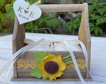 Almohada de portador de anillo personalizada alternativa de girasol, plato de anillo rústico, decoración porta anillos de boda, caja de portadores de anillos, cesta de anillo con almohada