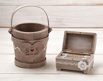 Rustic wedding ring box and flower girl bridal basket set personalized wooden ring bearer holder wedding bucket bridal shower gift wood pail