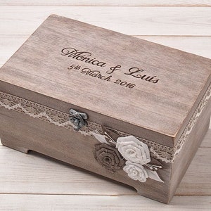 Personalized rustic wedding card box holder with cards banner, wooden wishes box, card chest, wedding money box envelope holder