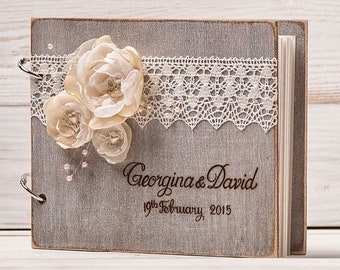 Libro de invitados único de boda rústica, libro de visitas de boda de madera personalizado, regalo de boda de marfil, regalo de aniversario novia y novio libro de despedida de soltera