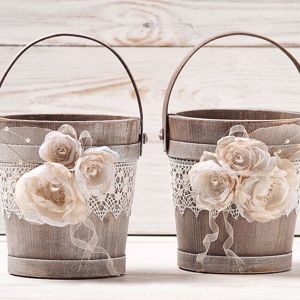 Flower Girl Baskets Set of 2, Bohemian Flower Girl Basket, Ivory Wedding Bucket, Rustic Flower Basket for Flower Petals Wooden Bridal Basket