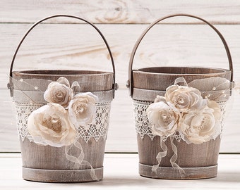 Flower Girl Baskets Set of 2, Bohemian Flower Girl Basket, Ivory Wedding Bucket, Rustic Flower Basket for Flower Petals Wooden Bridal Basket