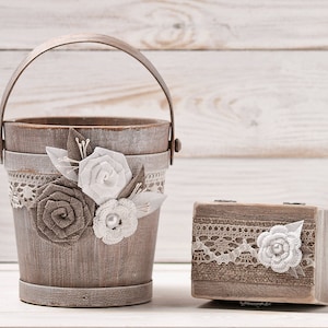 Flower Girl Basket and Ring Bearer Box Set, Wedding Bucket and Ring Pillow, Rustic Set for Wedding Ceremony, Wedding Ringkissen