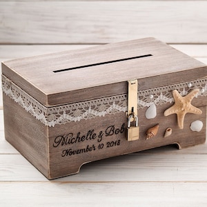 Caixa de casamento de praia, caixa de cartão com tema náutico com slot, baú de tesouro de casamento de destino, porta-cartão, caixa de cartão de recepção de casamento