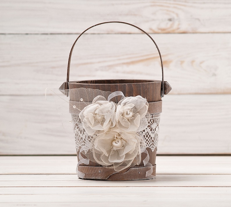 Flower Girl Baskets Set of 2, Bohemian Flower Girl Basket, Ivory Wedding Bucket, Rustic Flower Basket for Flower Petals Wooden Bridal Basket image 4