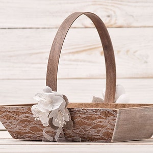 Wedding Flower Girl Basket, Rustic Lace Flower Girl Basket Pillow Set, Bridesmaid Basket, Basket for Wedding Programs, Flower Bearer Basket
