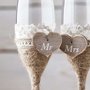 Wedding Toasting Glasses Rustic Toasting Flutes Wedding Champagne Flutes Bride and Groom Wedding Engraved Mr and Mrs Glasses Twine Burlap image 4