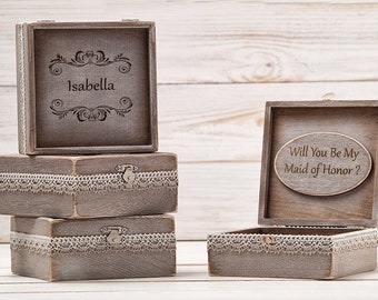 Bridesmaid proposal box set Will you be my bridesmaid wooden jewelry box empty, small maid of honor proposal box only, rustic thank you gift