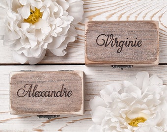 Scatole per fedi nuziali per sposi, cuscino personalizzato per il portatore dell'anello, set di scatole per anelli rustici, portaanello in legno avvolto, decorazioni per matrimoni rustiche