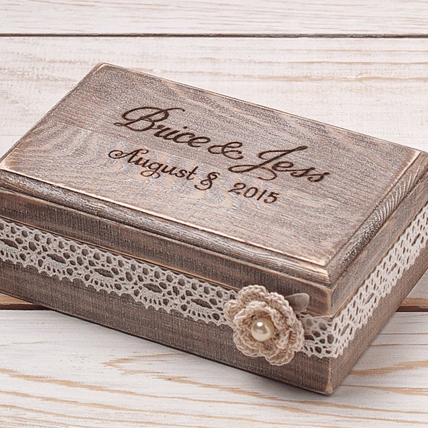 Boîte de porteur d’anneau de mariage ivoire, boîte d’anneau de mariage, boîte rustique de porte-oreiller de porte-anneau de mariage de cru boîte en bois personnalisée