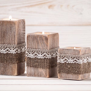 Rustic Wedding Centerpiece Ceremony Candles Wood Candle Holders Set of Three Burlap and Lace Wedding Decor Table Top Accessory