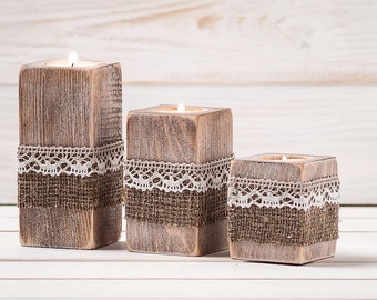 Rustic Wedding Centerpiece Ceremony Candles Wood Candle Holders Set of Three Burlap and Lace Wedding Decor Table Top Accessory