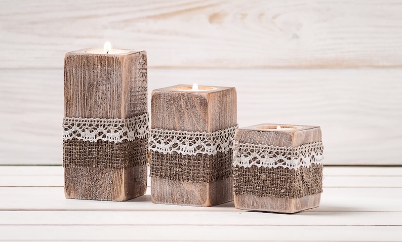 Rustic Wedding Centerpiece Ceremony Candles Wood Candle Holders Set of ...
